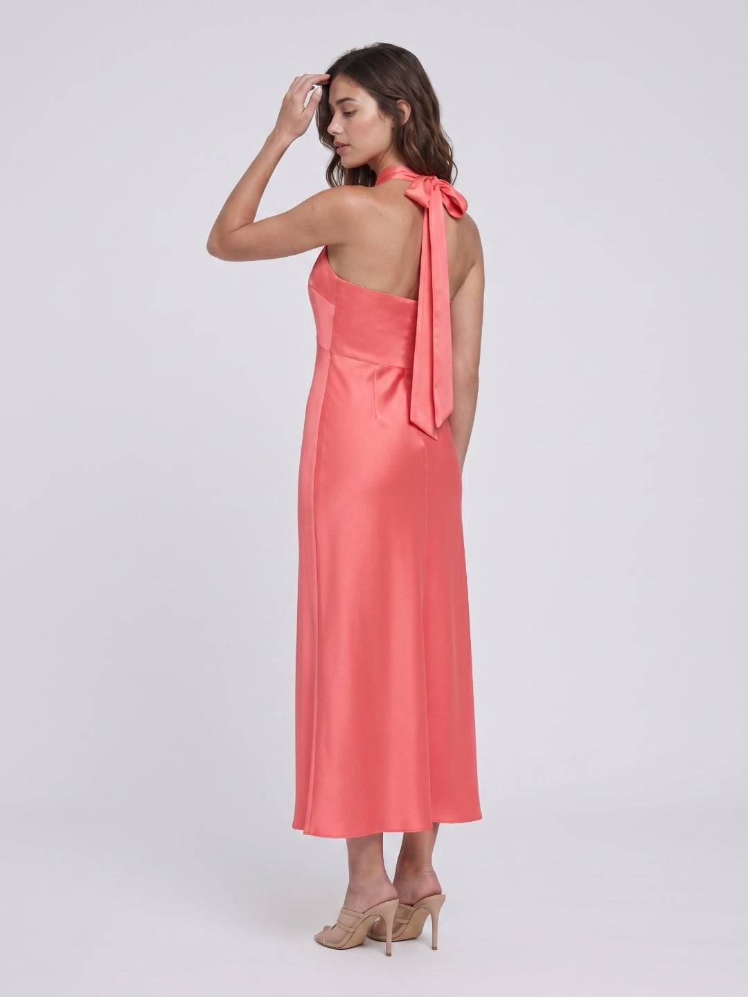 Coral Satin Sheath Halter Neckline Backless Ankle-Length Bridesmaid Dress with Bow