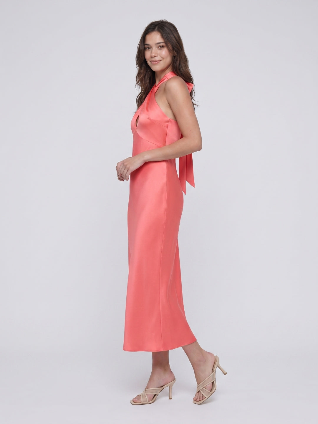 Coral Satin Sheath Halter Neckline Backless Ankle-Length Bridesmaid Dress with Bow