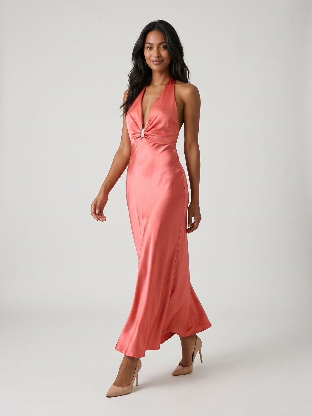 Coral Satin Sheath Halter Neckline Backless Ankle-Length Evening Dress