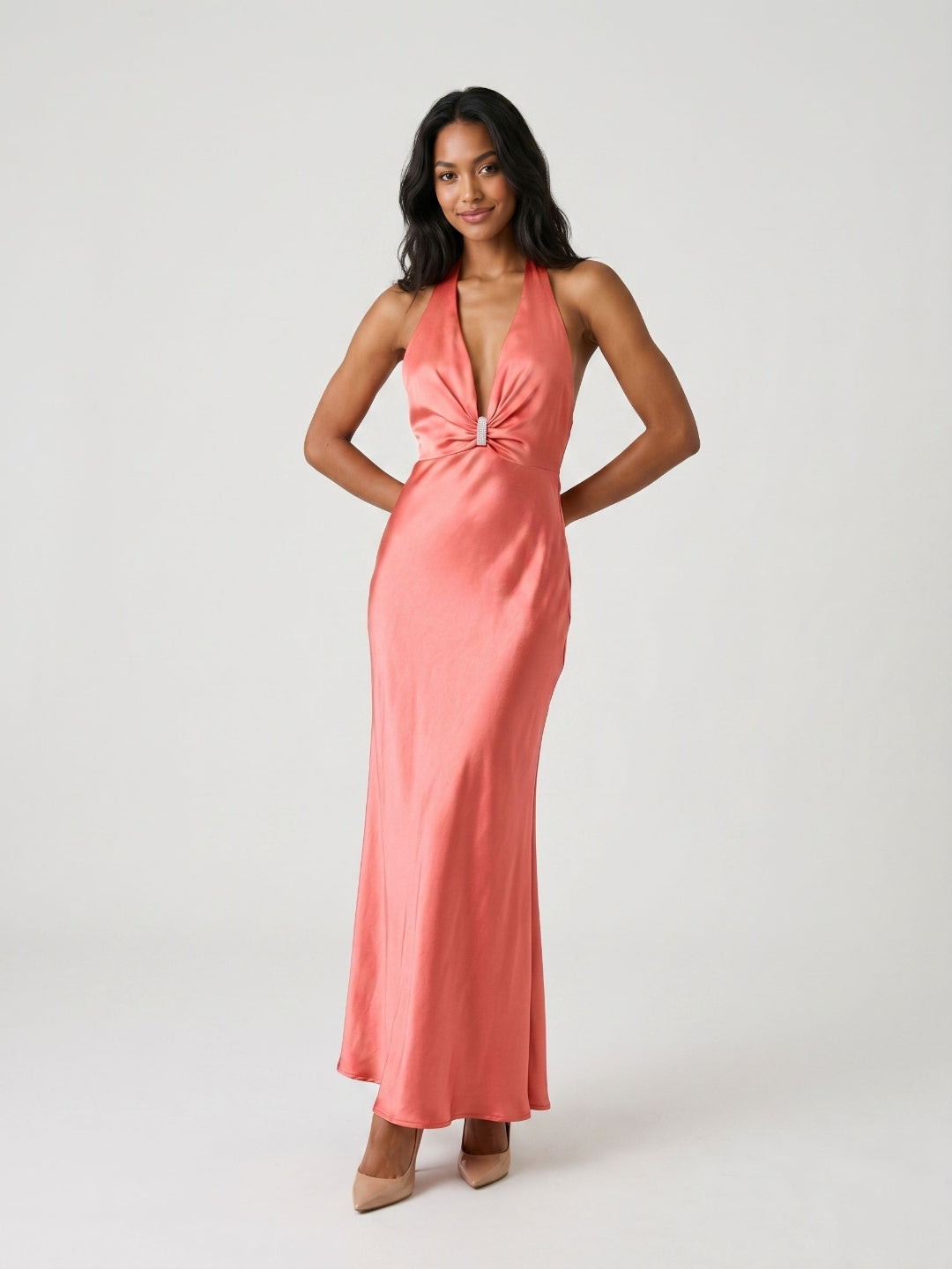 Coral Satin Sheath Halter Neckline Backless Ankle-Length Evening Dress