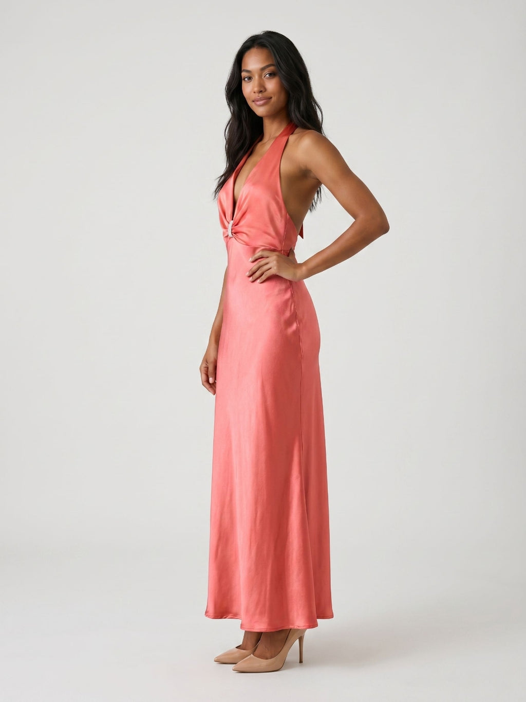 Coral Satin Sheath Halter Neckline Backless Ankle-Length Evening Dress