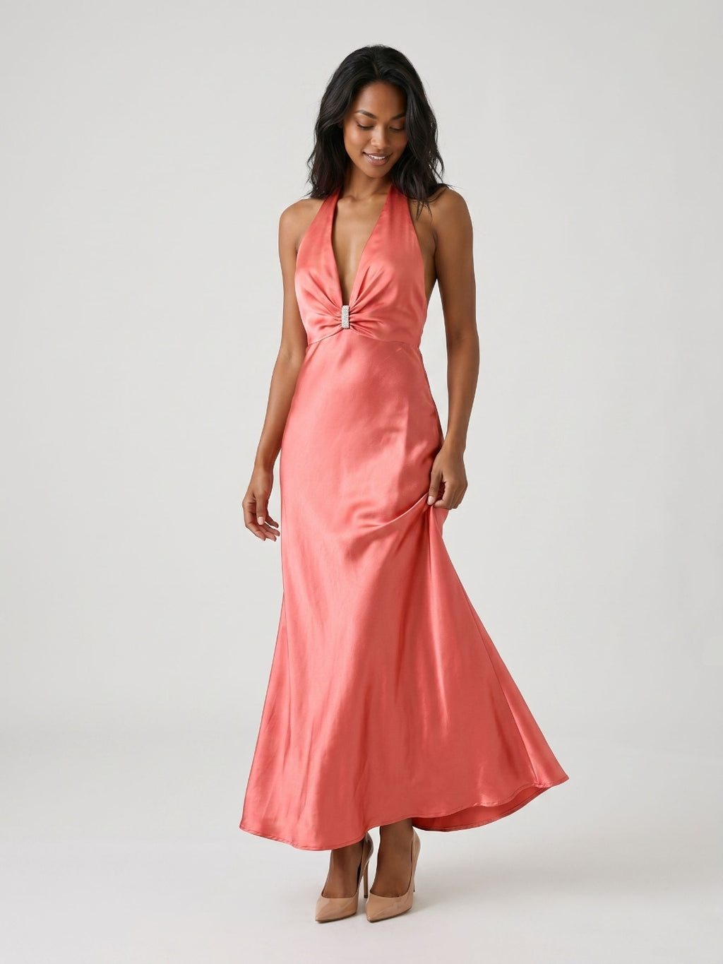 Coral Satin Sheath Halter Neckline Backless Ankle-Length Evening Dress