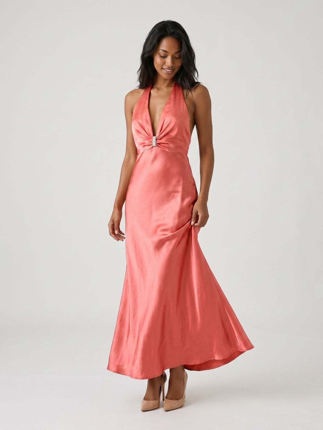 Coral Satin Sheath Halter Neckline Backless Ankle-Length Evening Dress