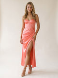 Coral Satin Sheath Sweetheart Side Zip Ankle-Length Evening Dress