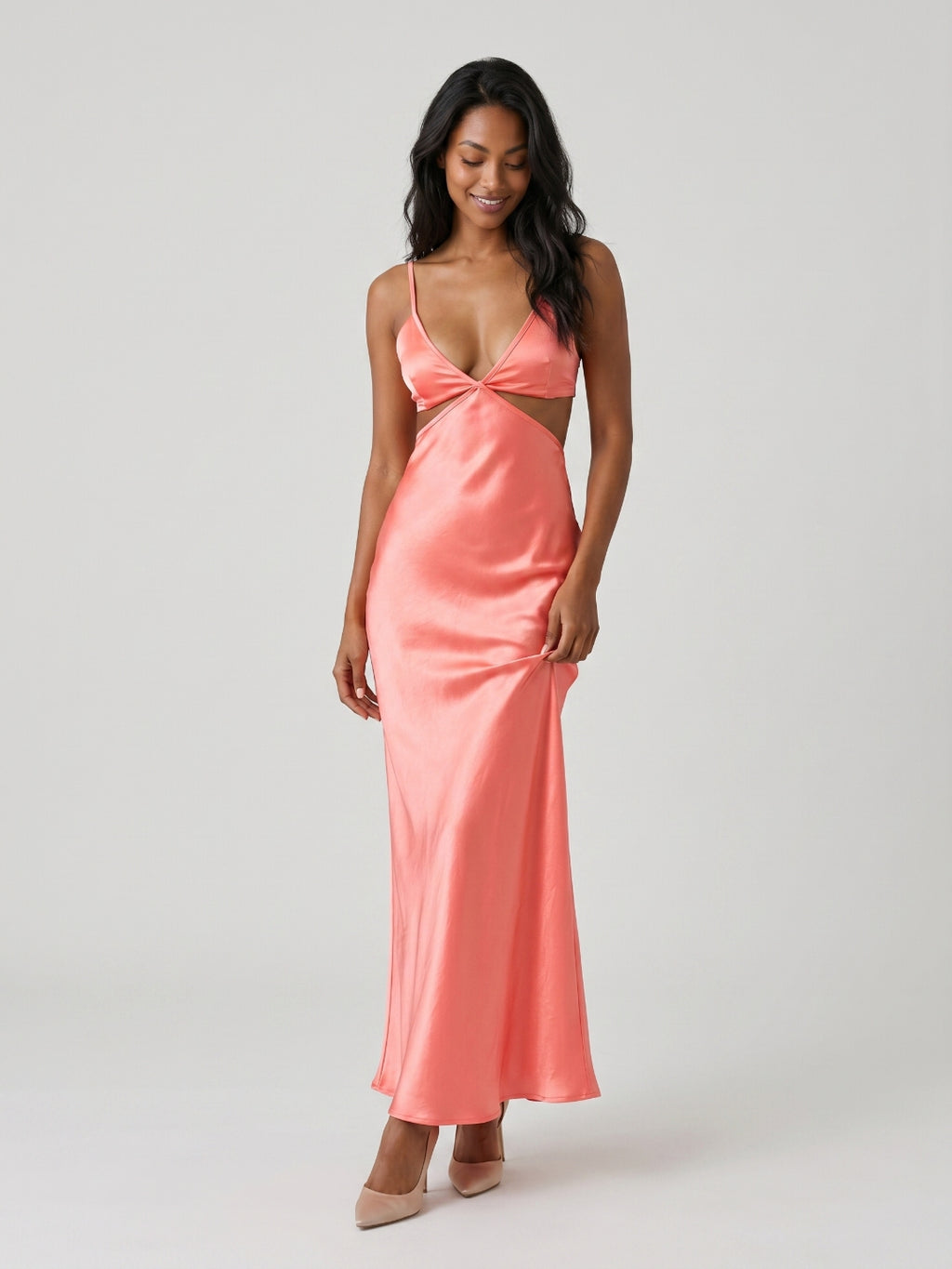 Coral Satin Sheath V-Neck Backless Ankle-Length Prom Dress