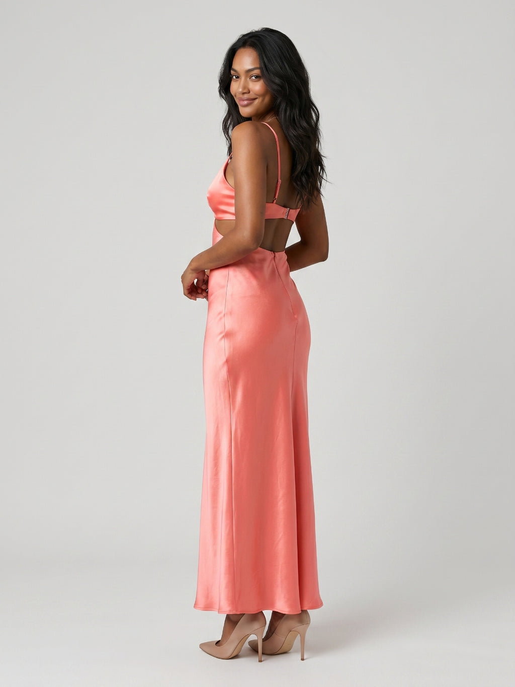 Coral Satin Sheath V-Neck Backless Ankle-Length Prom Dress
