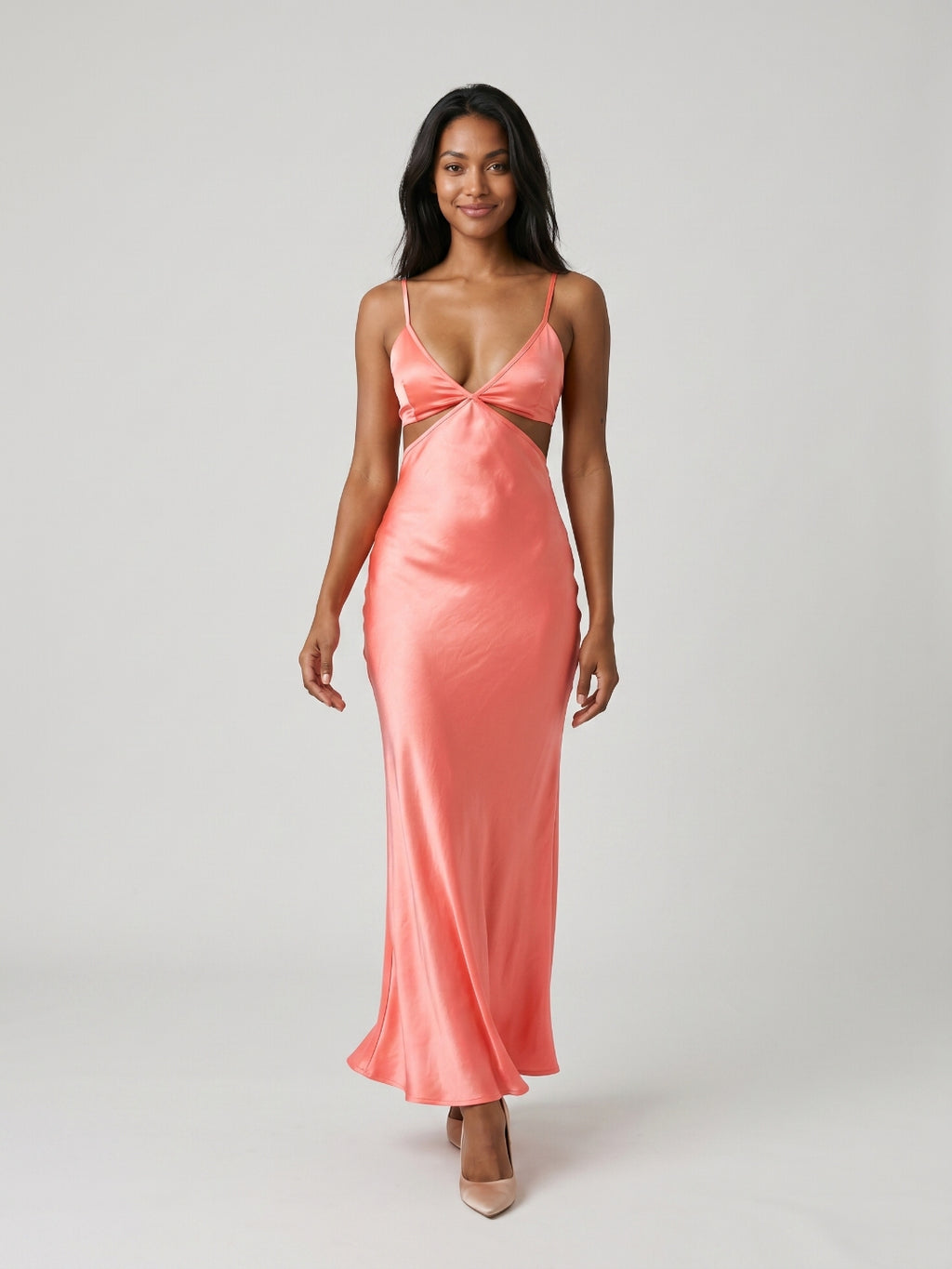 Coral Satin Sheath V-Neck Backless Ankle-Length Prom Dress
