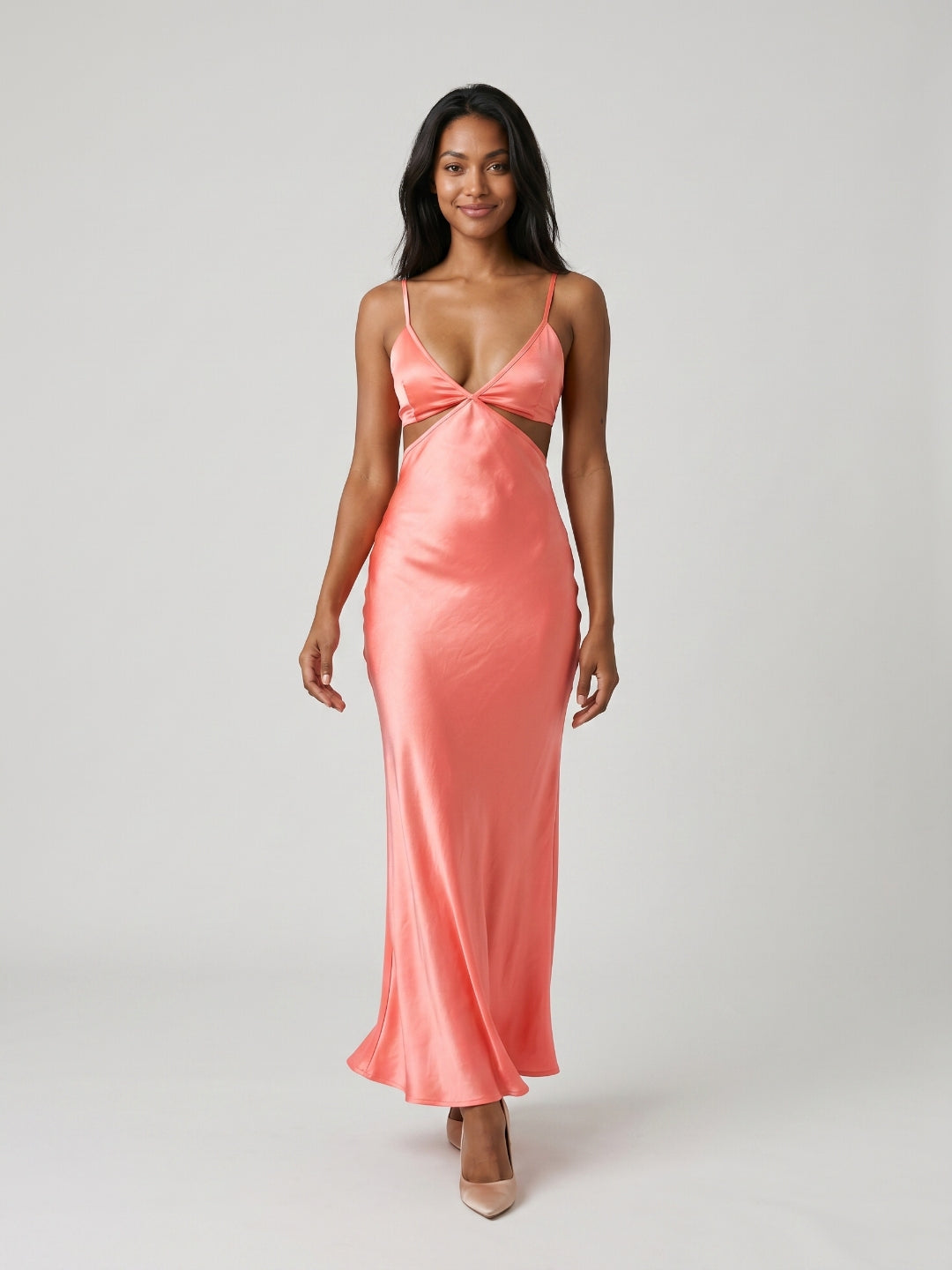 Coral Satin Sheath V-Neck Backless Ankle-Length Prom Dress
