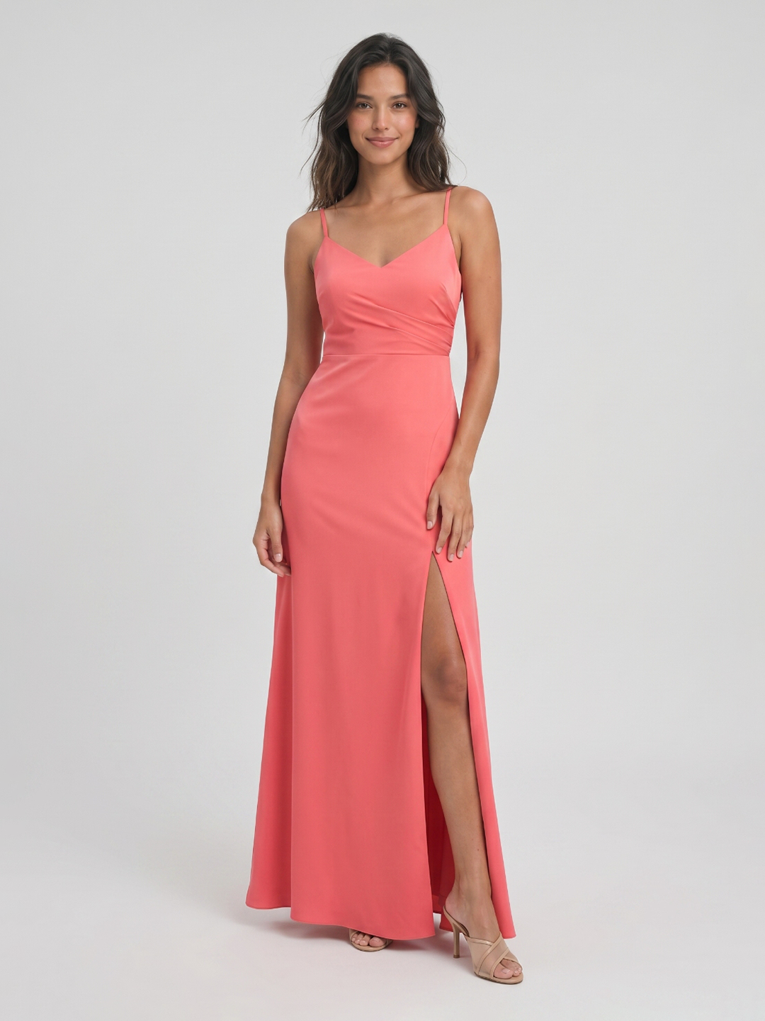 Coral Satin Sheath V-Neck V-Back Floor-Length Bridesmaid Dress with Pleating