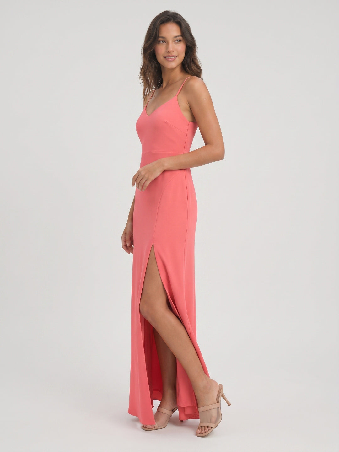 Coral Satin Sheath V-Neck V-Back Floor-Length Bridesmaid Dress with Pleating
