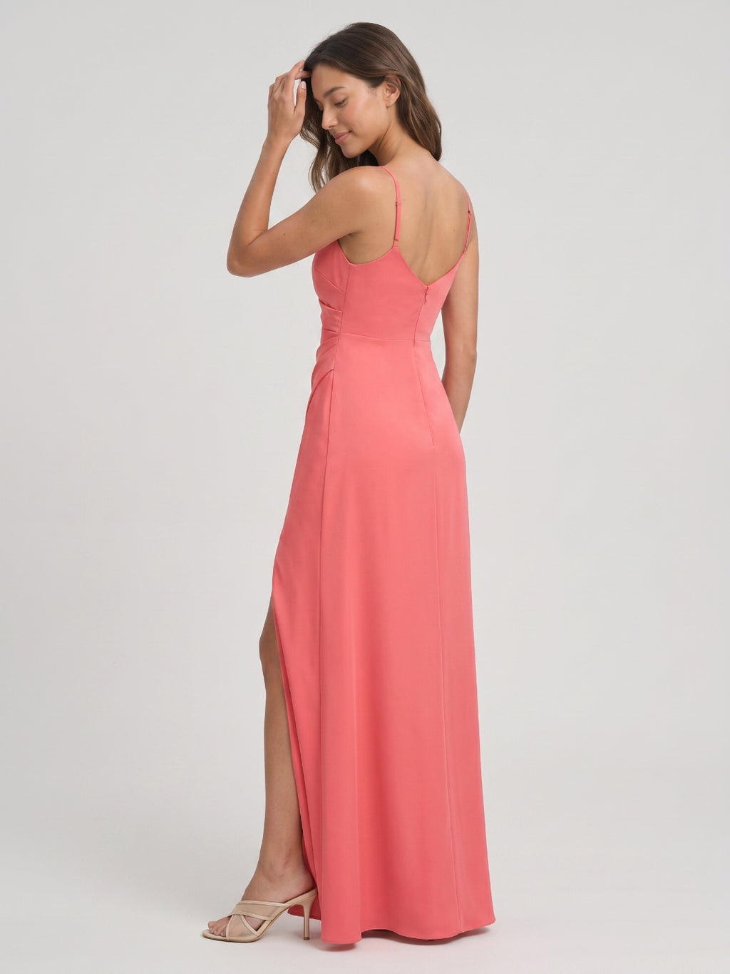Coral Satin Sheath V-Neck V-Back Floor-Length Bridesmaid Dress with Pleating