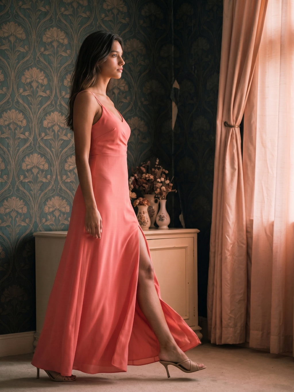 Coral Satin Sheath V-Neck V-Back Floor-Length Bridesmaid Dress with Pleating