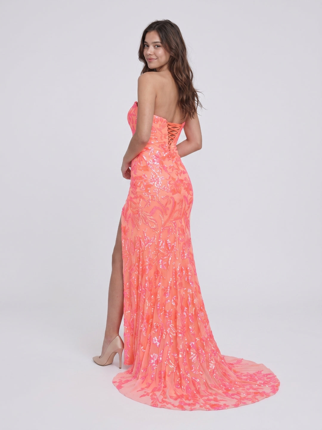 Coral Sequins Mermaid Scoop Neck Lace-Up Back Floor-Length Sequin Prom Dress