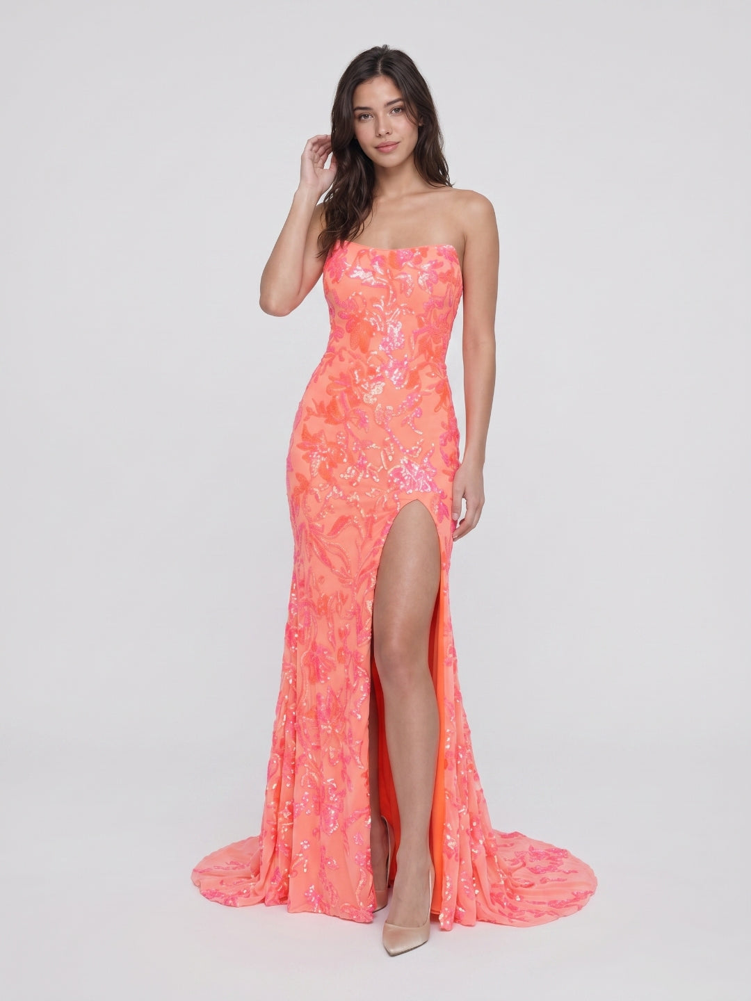 Coral Sequins Mermaid Scoop Neck Lace-Up Back Floor-Length Sequin Prom Dress