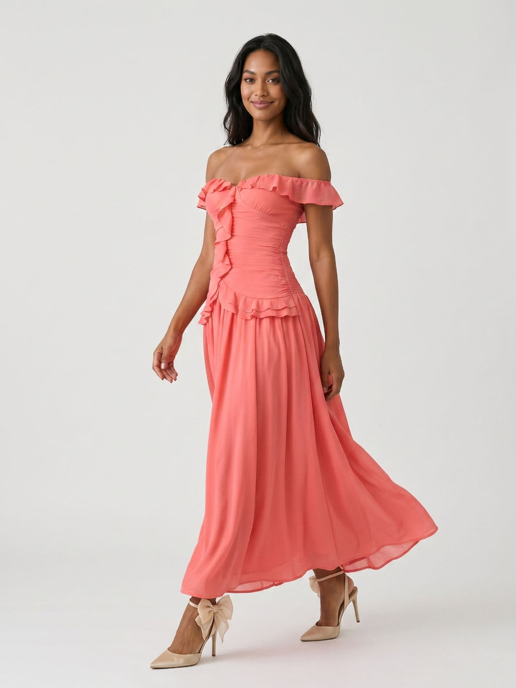 Coral Stretch Knit A-Line Off-the-Shoulder Ankle-Length Evening Dress with Ruffles