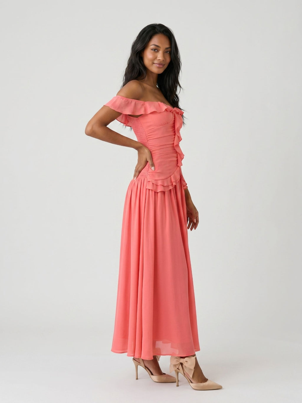Coral Stretch Knit A-Line Off-the-Shoulder Ankle-Length Evening Dress with Ruffles