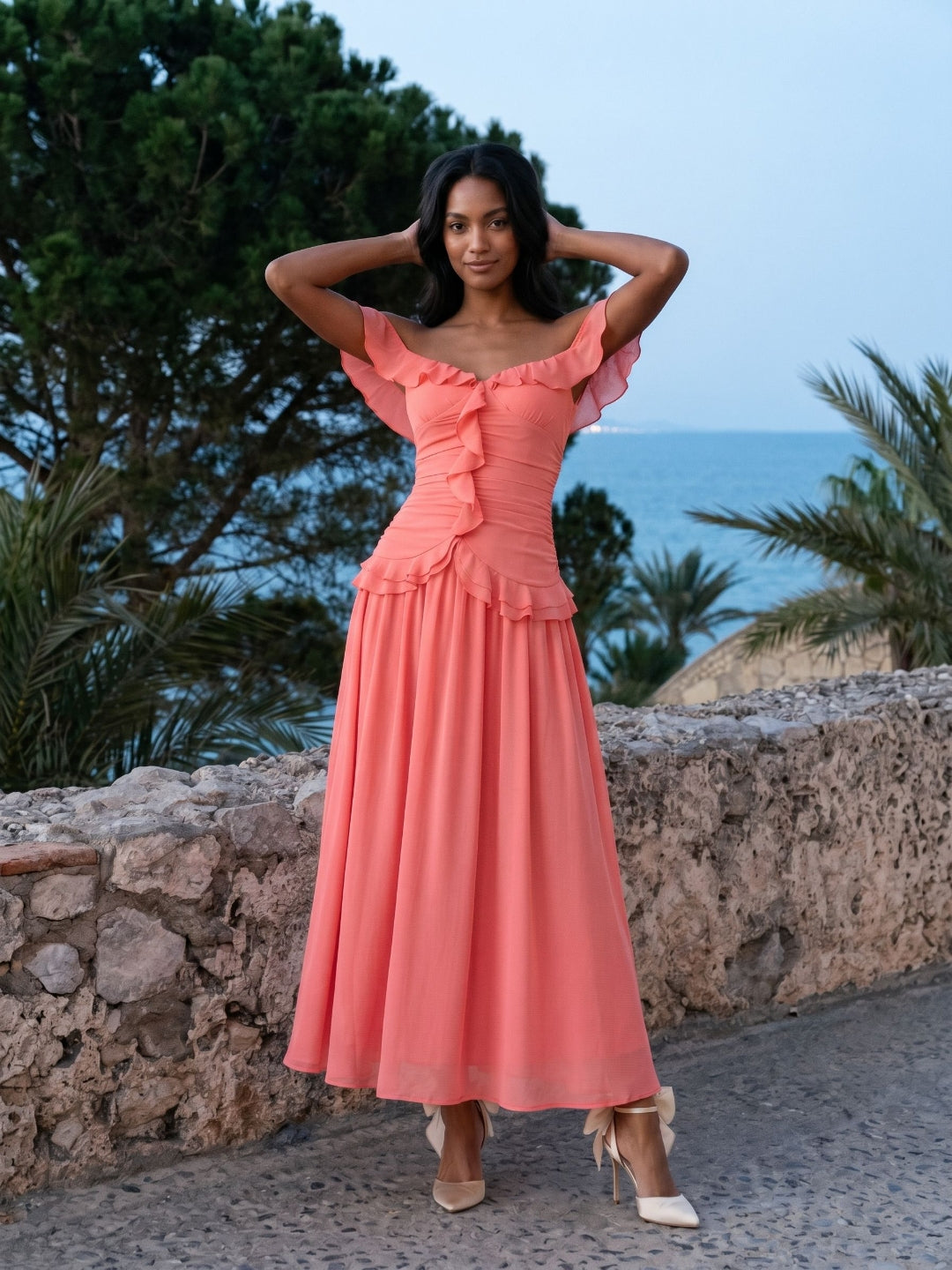 Coral Stretch Knit A-Line Off-the-Shoulder Ankle-Length Evening Dress with Ruffles
