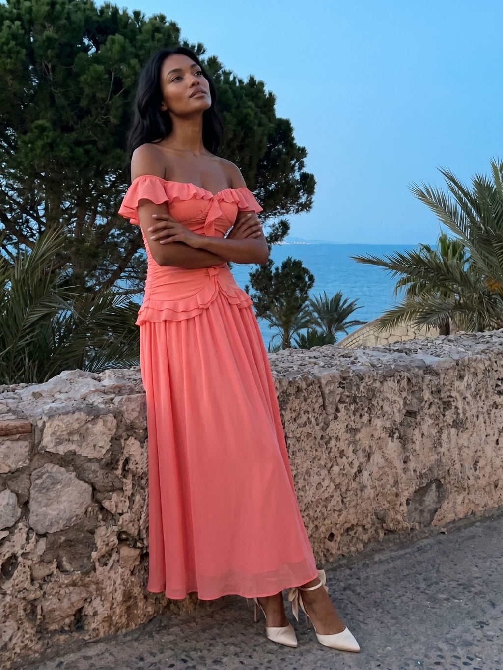 Coral Stretch Knit A-Line Off-the-Shoulder Ankle-Length Evening Dress with Ruffles