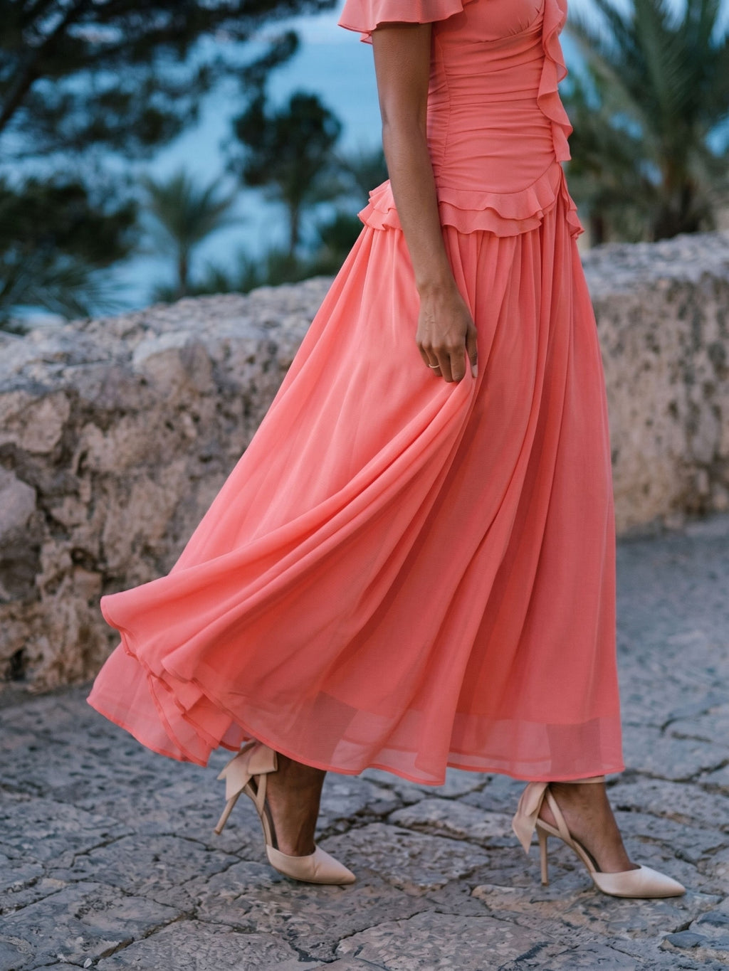 Coral Stretch Knit A-Line Off-the-Shoulder Ankle-Length Evening Dress with Ruffles