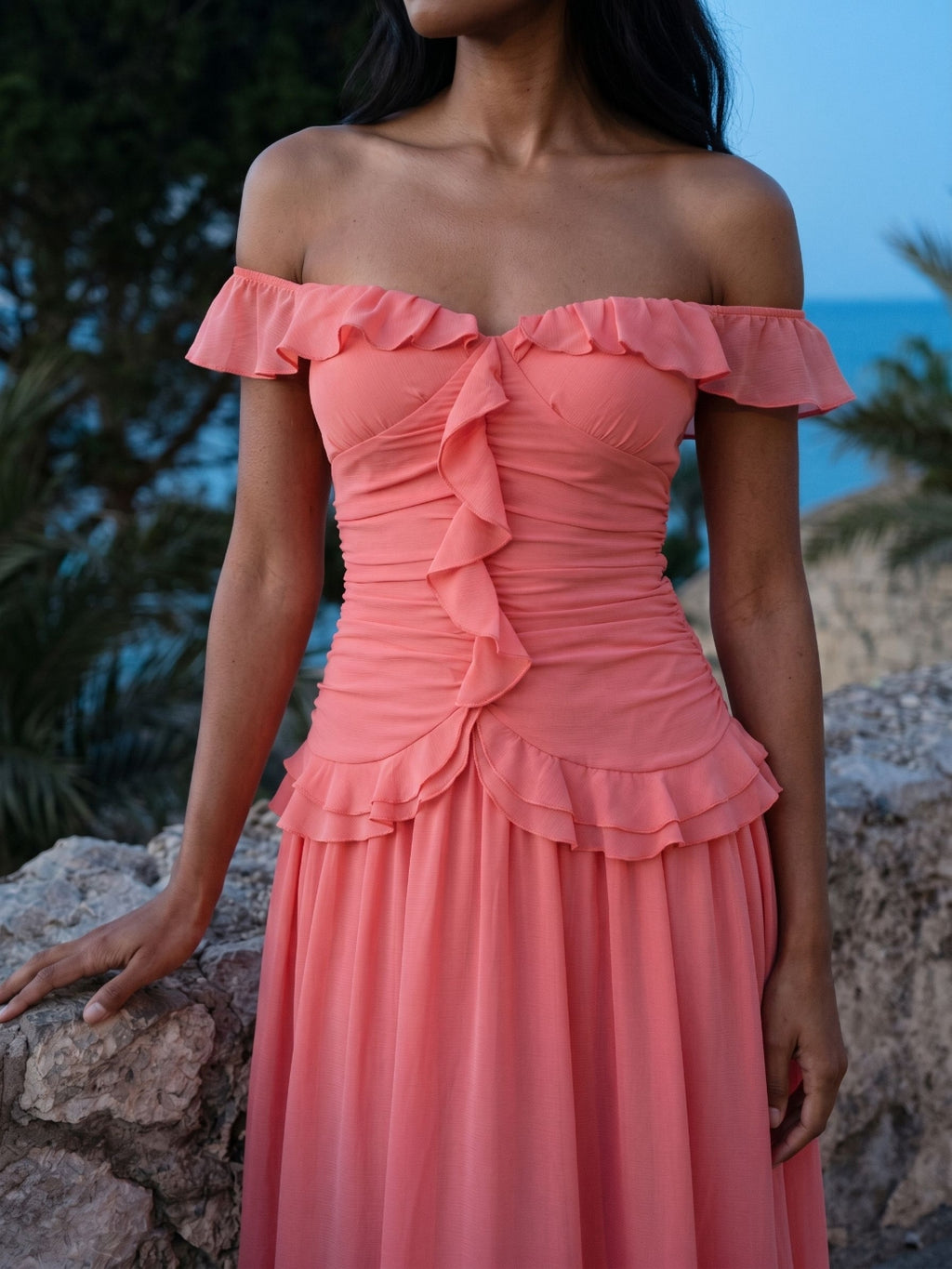 Coral Stretch Knit A-Line Off-the-Shoulder Ankle-Length Evening Dress with Ruffles