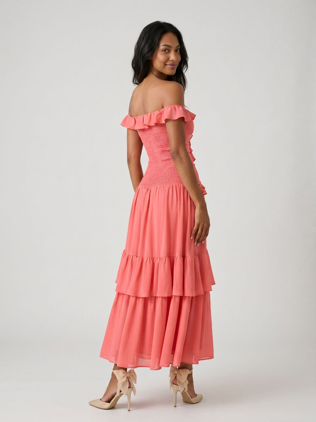 Coral Stretch Knit A-Line Off-the-Shoulder Ankle-Length Evening Dress with Ruffles