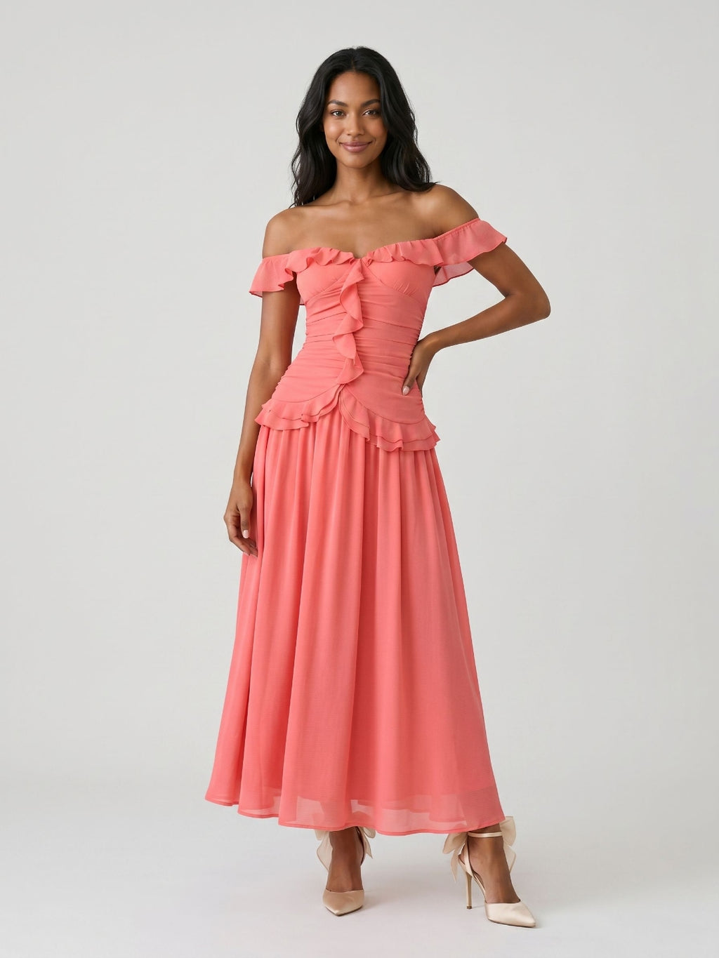 Coral Stretch Knit A-Line Off-the-Shoulder Ankle-Length Evening Dress with Ruffles