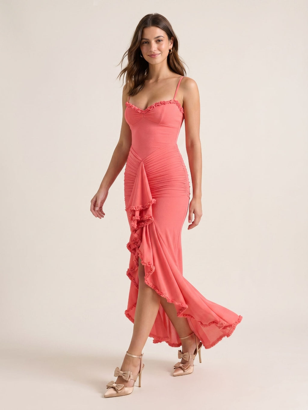 Coral Stretch Knit Mermaid V-Neck Back Zip Asymmetrical Birthday Dress