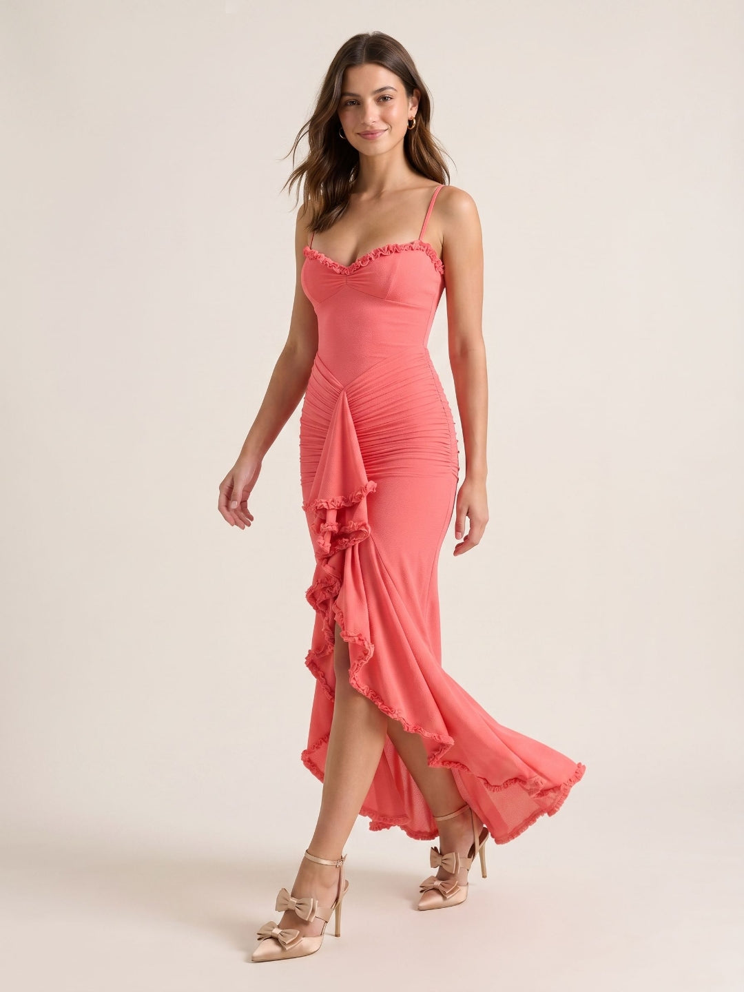 Coral Stretch Knit Mermaid V-Neck Back Zip Asymmetrical Birthday Dress