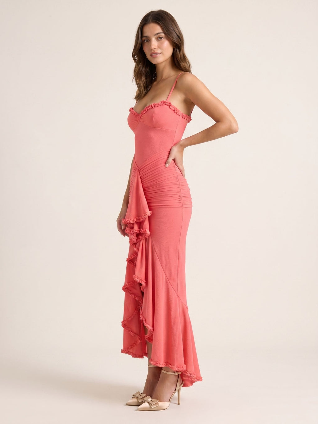 Coral Stretch Knit Mermaid V-Neck Back Zip Asymmetrical Birthday Dress
