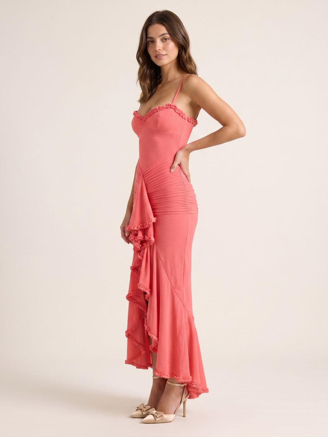 Coral Stretch Knit Mermaid V-Neck Back Zip Asymmetrical Birthday Dress