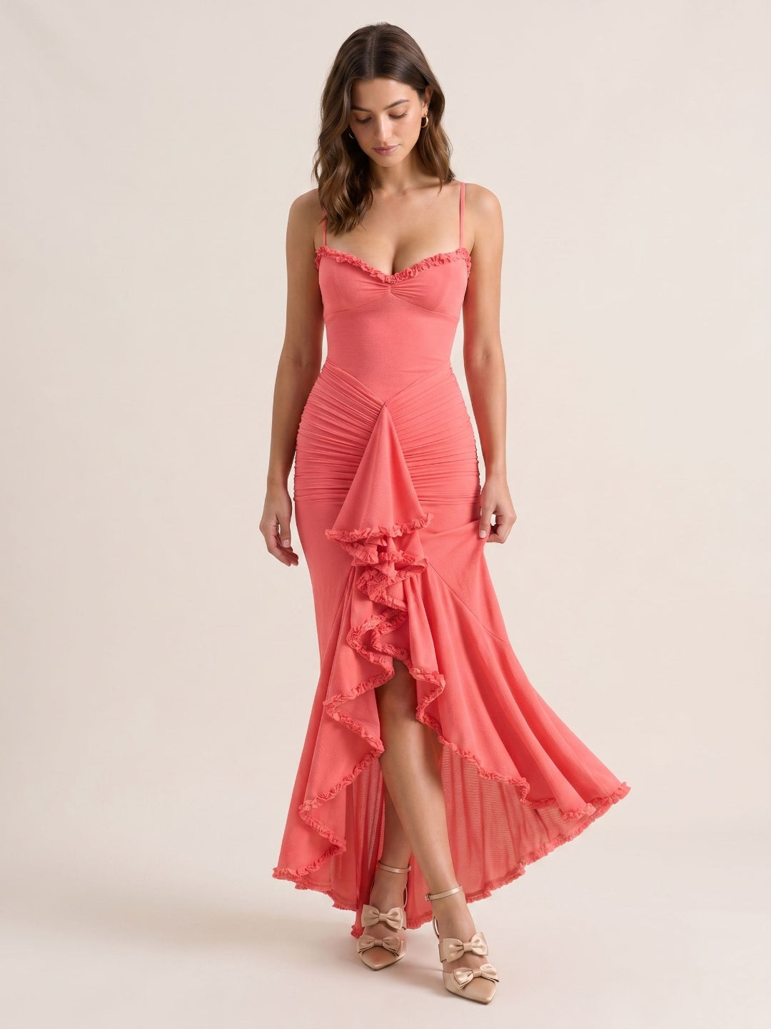 Coral Stretch Knit Mermaid V-Neck Back Zip Asymmetrical Birthday Dress