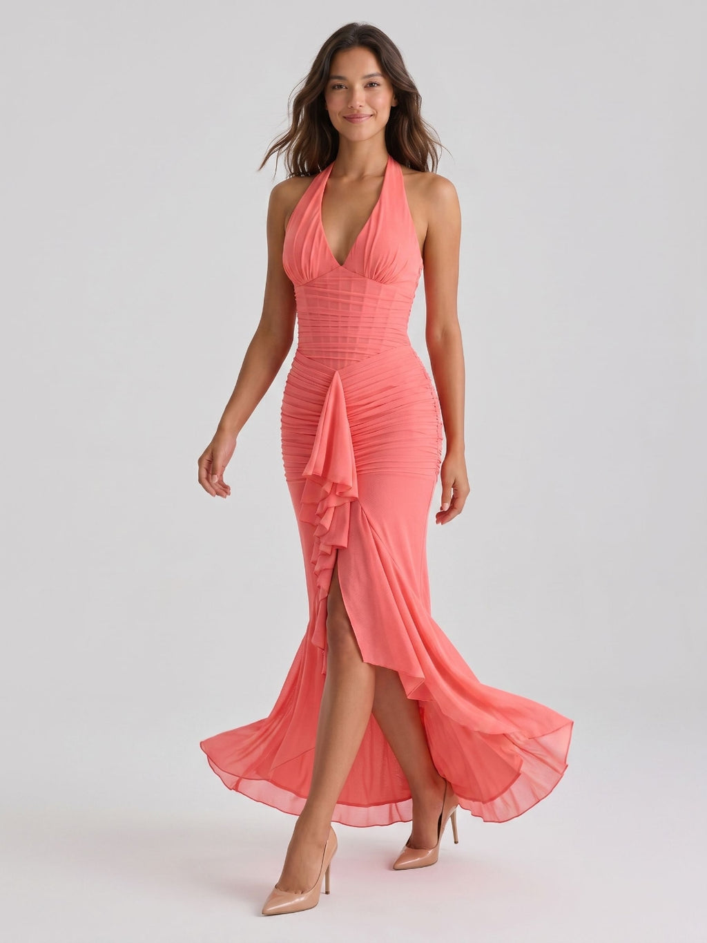 Coral Stretch Knit Sheath Halter Neckline Back Zip Floor-Length Birthday Dress