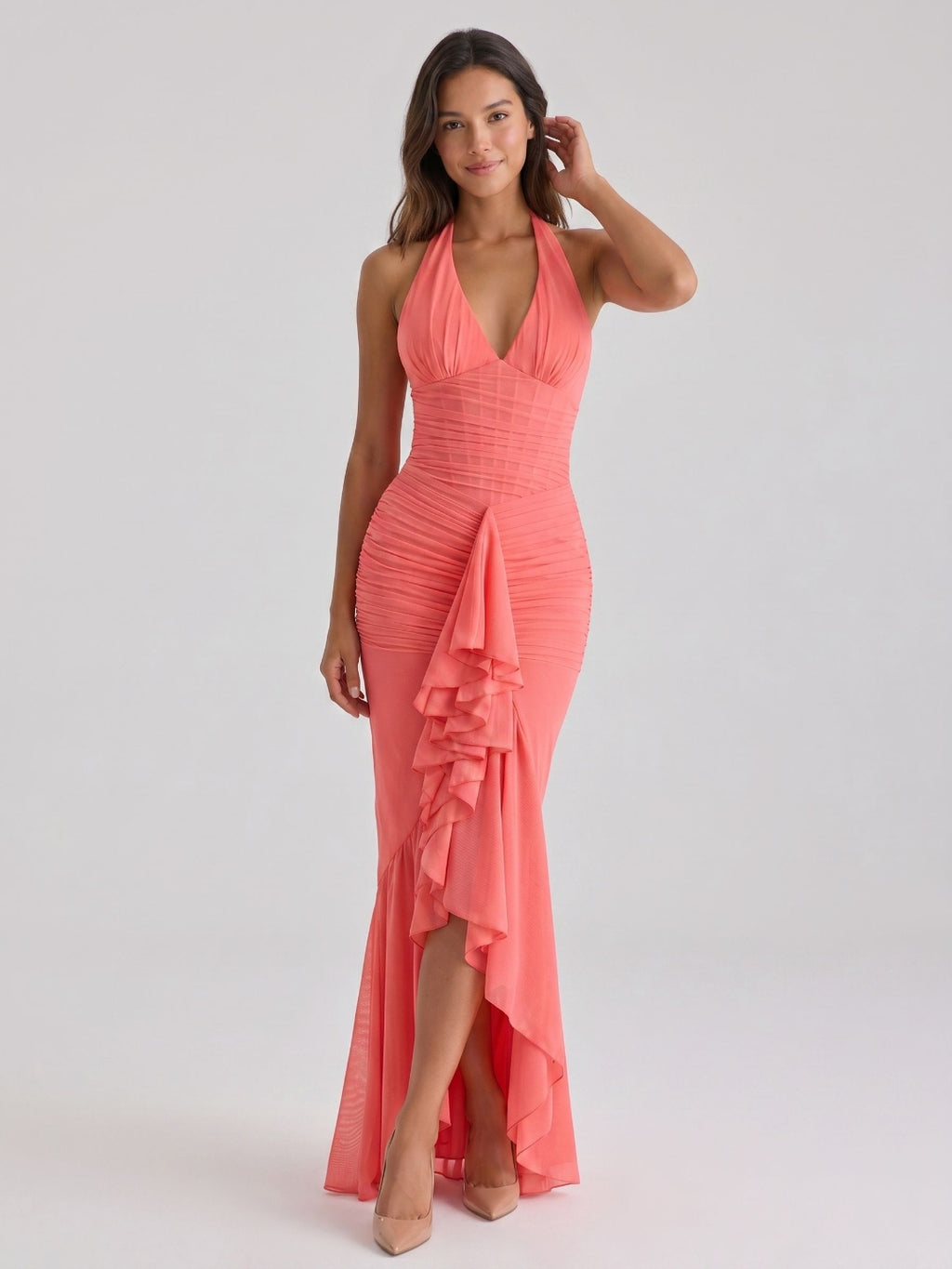 Coral Stretch Knit Sheath Halter Neckline Back Zip Floor-Length Birthday Dress