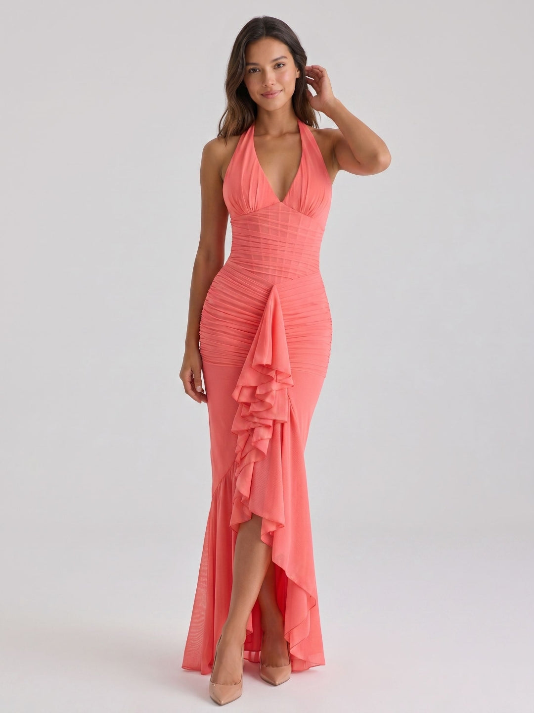 Coral Stretch Knit Sheath Halter Neckline Back Zip Floor-Length Birthday Dress