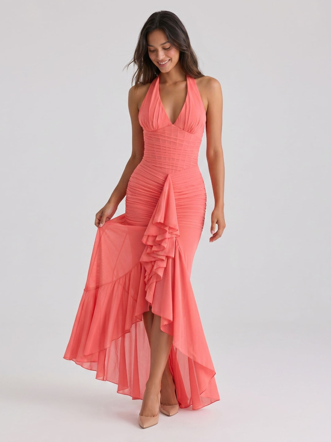 Coral Stretch Knit Sheath Halter Neckline Back Zip Floor-Length Birthday Dress
