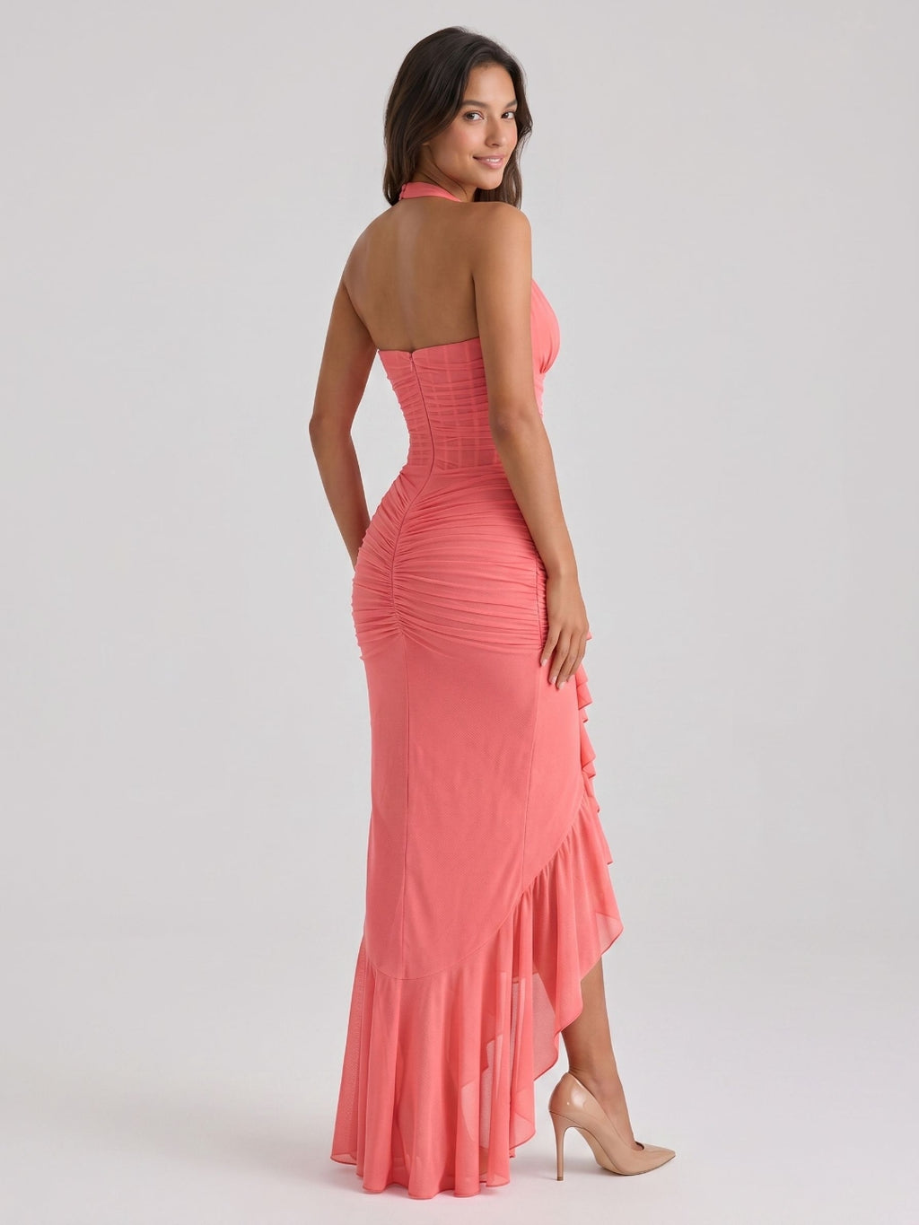 Coral Stretch Knit Sheath Halter Neckline Back Zip Floor-Length Birthday Dress