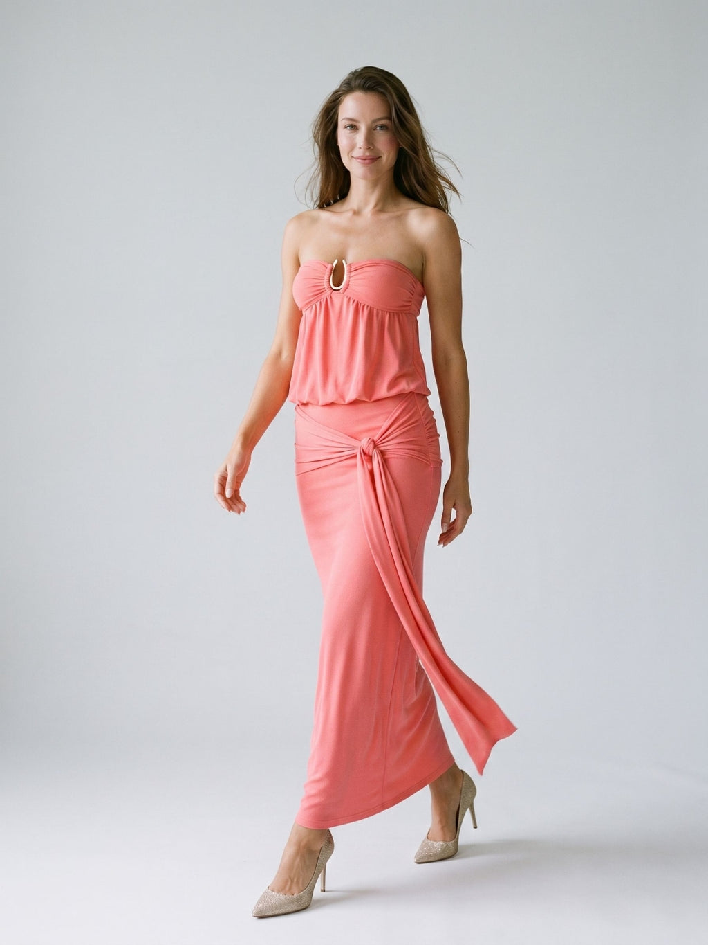 Coral Stretch Knit Sheath Straight Neck Side Zip Ankle-Length Evening Dress