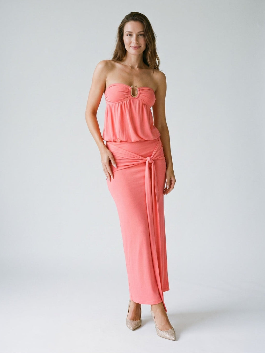 Coral Stretch Knit Sheath Straight Neck Side Zip Ankle-Length Evening Dress