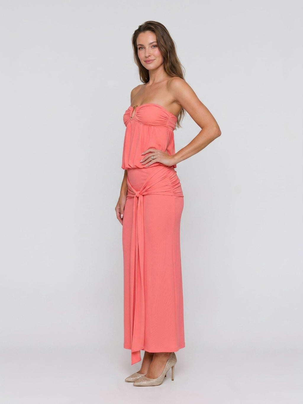 Coral Stretch Knit Sheath Straight Neck Side Zip Ankle-Length Evening Dress