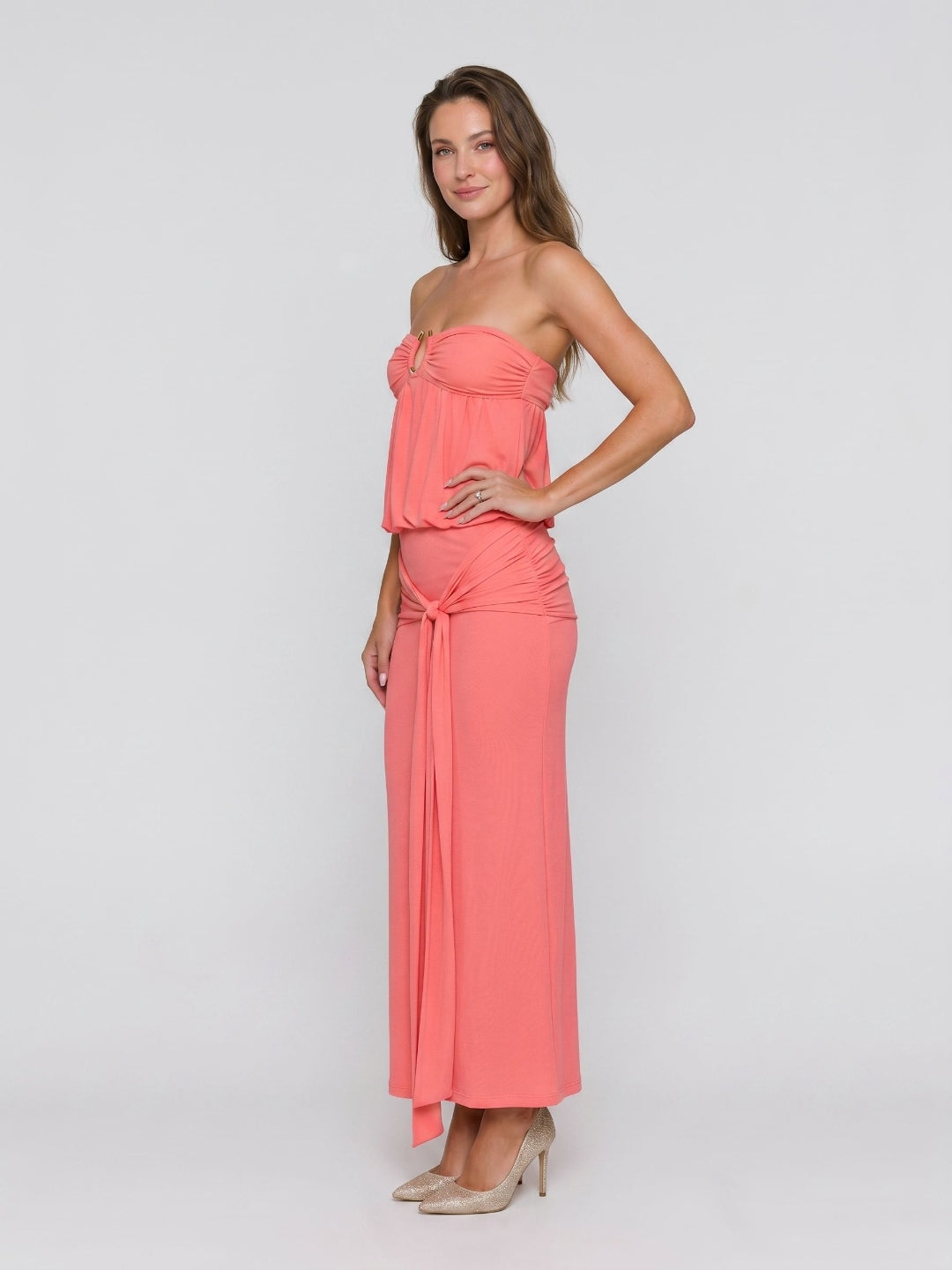 Coral Stretch Knit Sheath Straight Neck Side Zip Ankle-Length Evening Dress