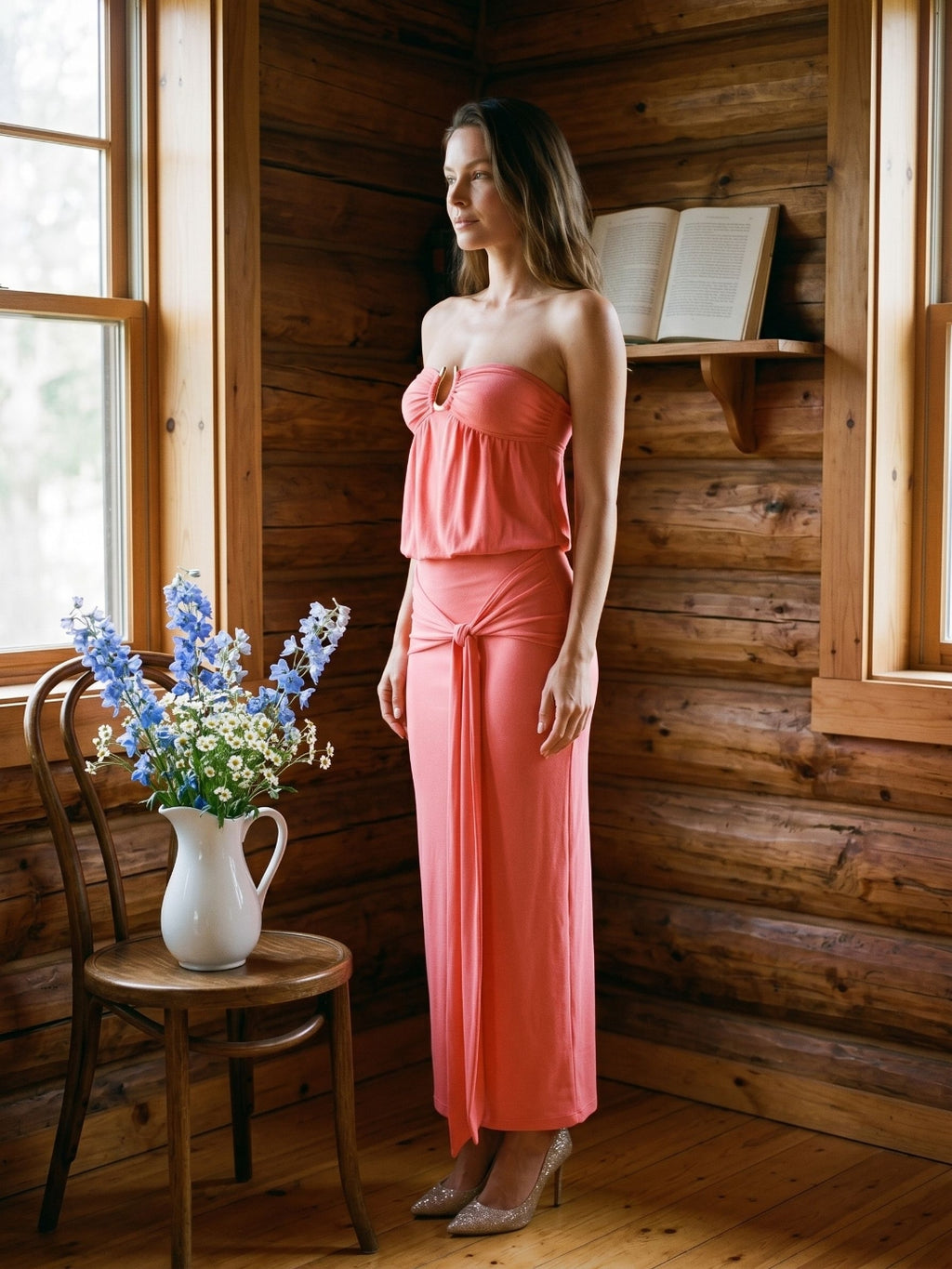 Coral Stretch Knit Sheath Straight Neck Side Zip Ankle-Length Evening Dress