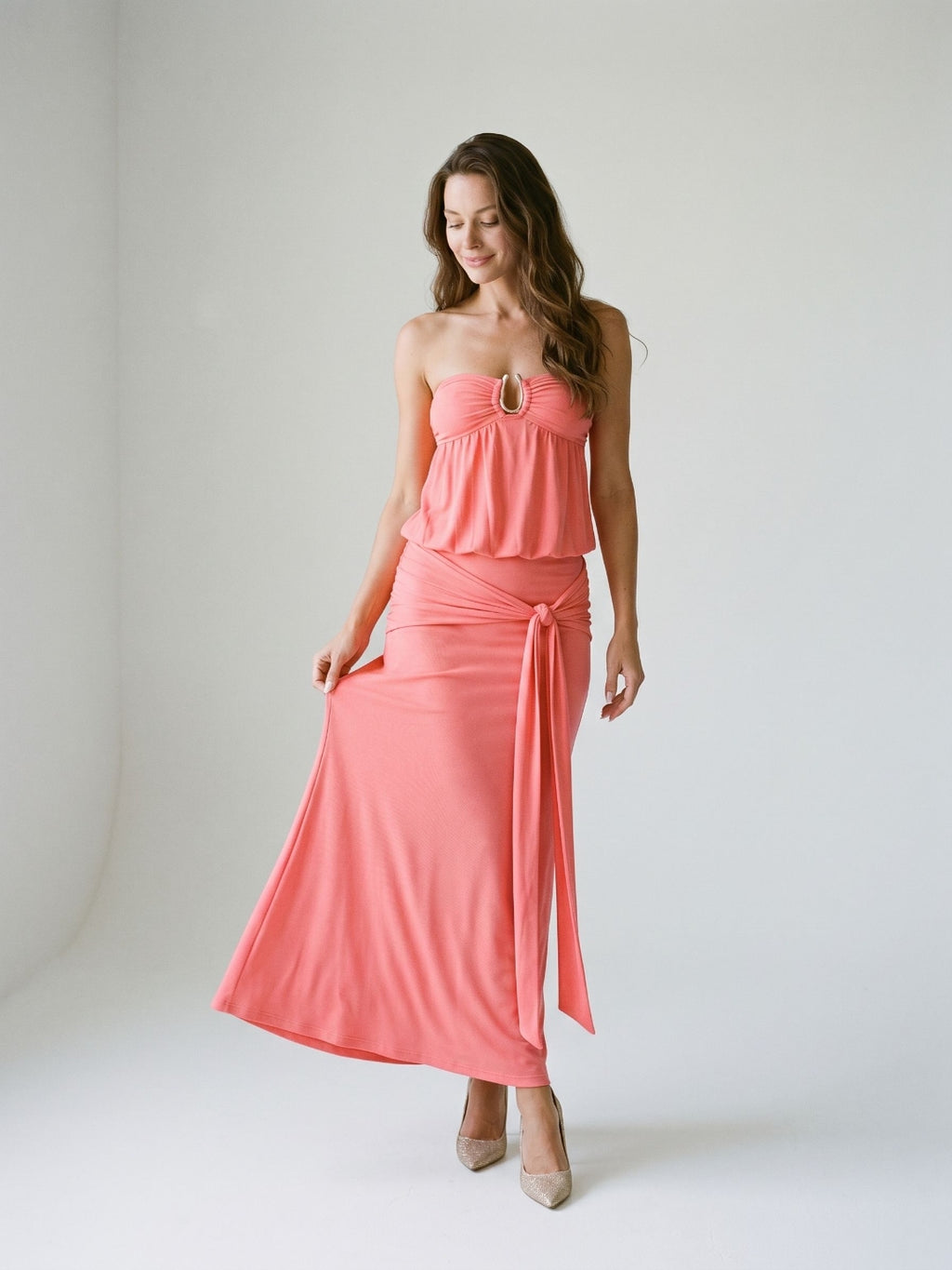 Coral Stretch Knit Sheath Straight Neck Side Zip Ankle-Length Evening Dress