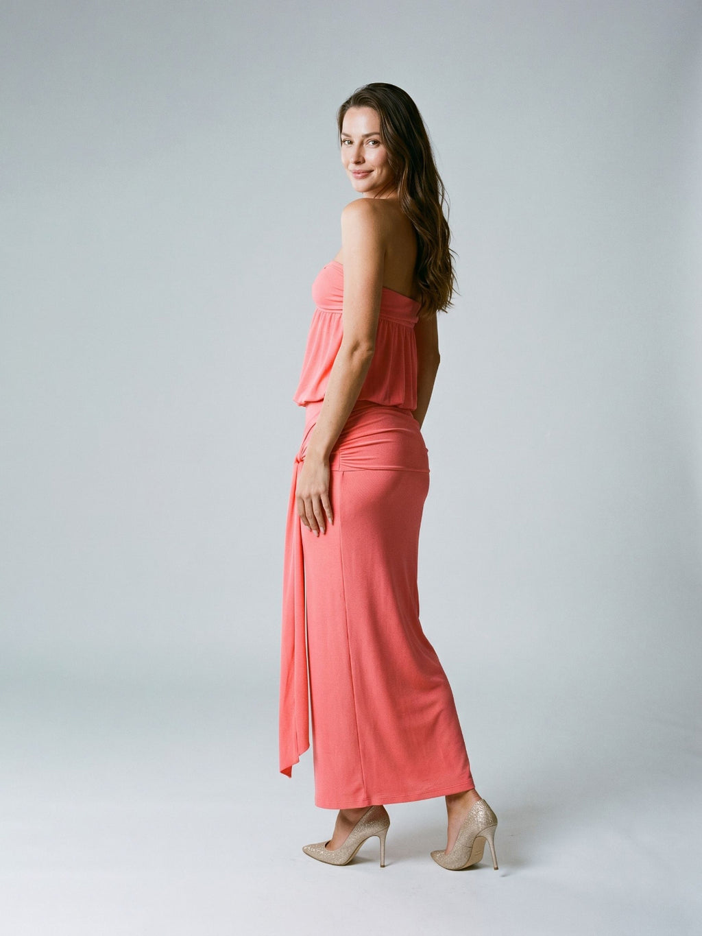 Coral Stretch Knit Sheath Straight Neck Side Zip Ankle-Length Evening Dress