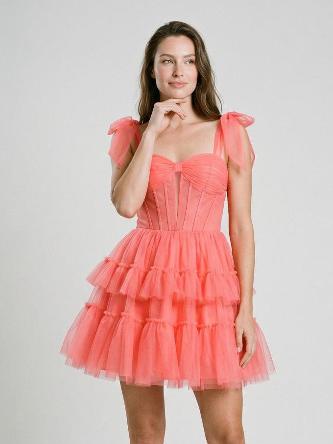Coral Tulle A-Line Sweetheart Back Zip Short Dress with Bow