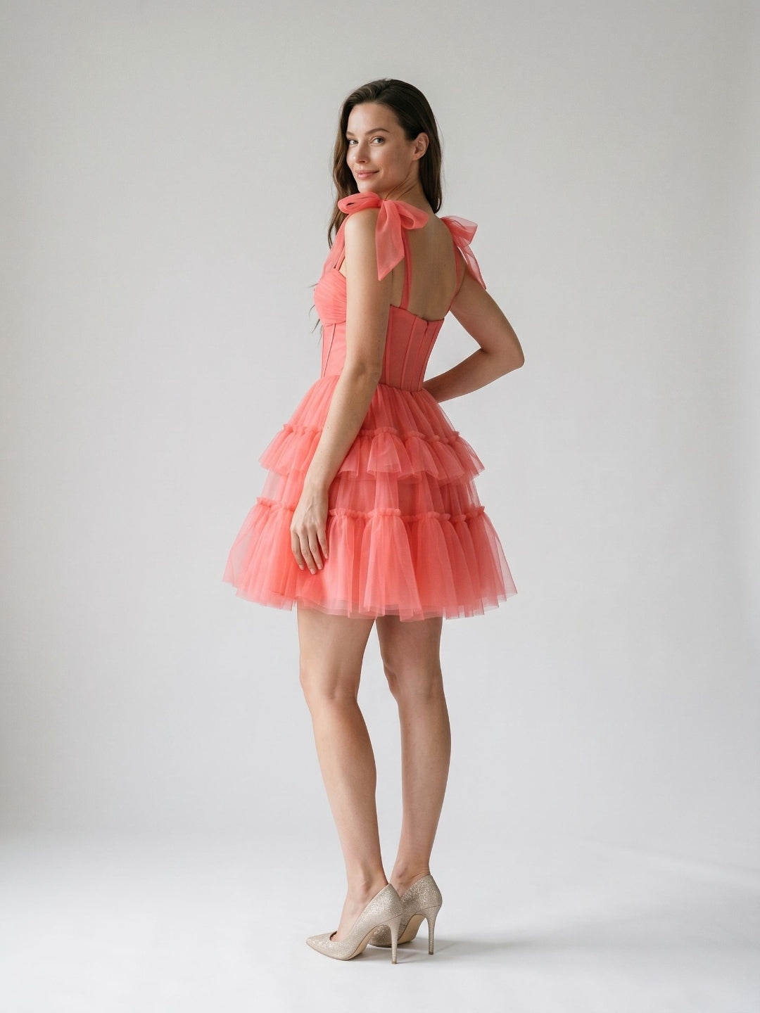 Coral Tulle A-Line Sweetheart Back Zip Short Dress with Bow