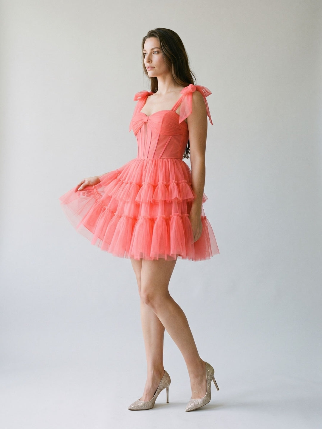 Coral Tulle A-Line Sweetheart Back Zip Short Dress with Bow