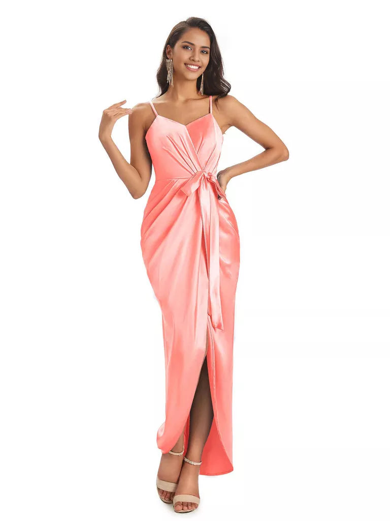High Low Spaghetti Straps V-neck Mermaid Asymmetrical Soft Satin Bridesmaid Dresses