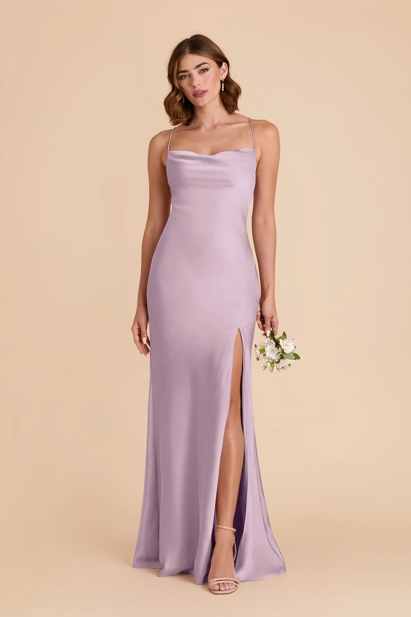 Cowl Neck Satin Bridesmaid Dress Crisscross Back Tie High Slit Spaghetti Strap Floor Length Wedding Guest Formal Gown