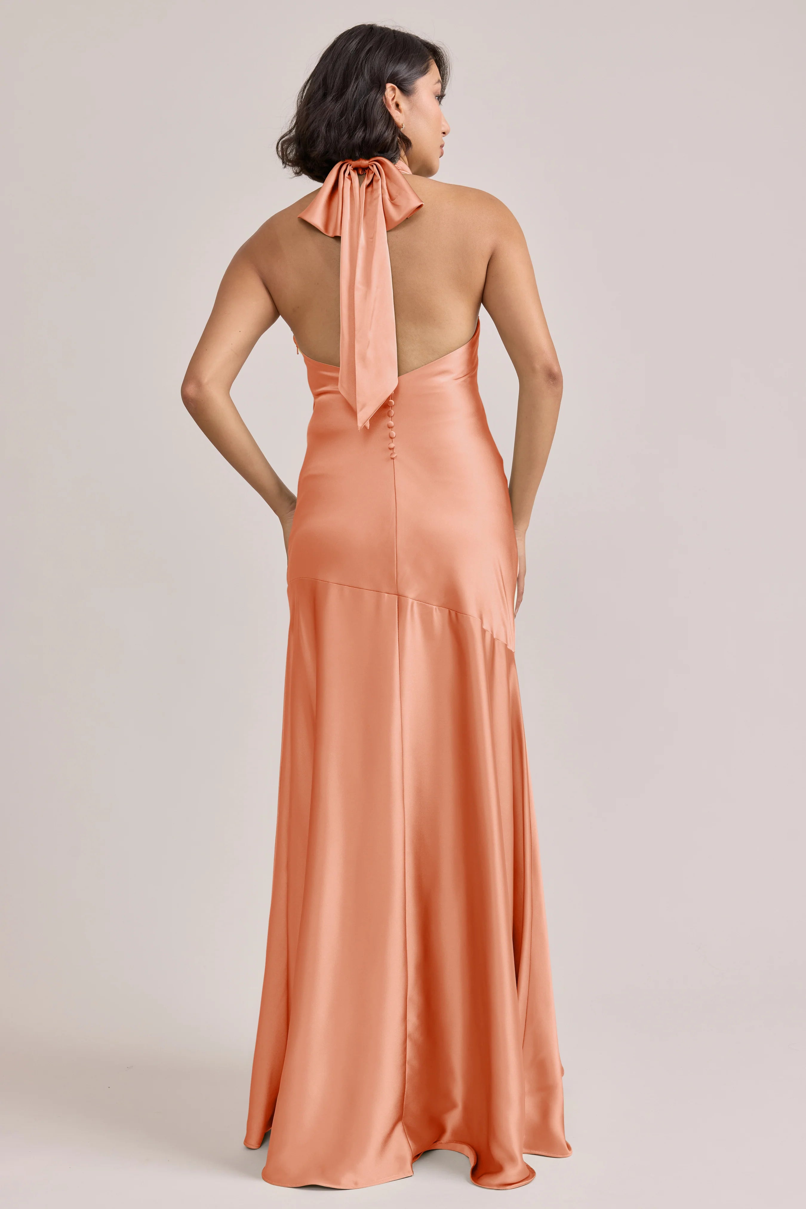Cowl Halter Satin Bridesmaid Dress with Tie Back & Mermaid Hem