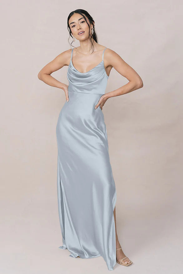 Cowl Neck Satin Bridesmaid Dress with Adjustable Spaghetti Straps, Side High Slit & Slim Maxi Silhouette